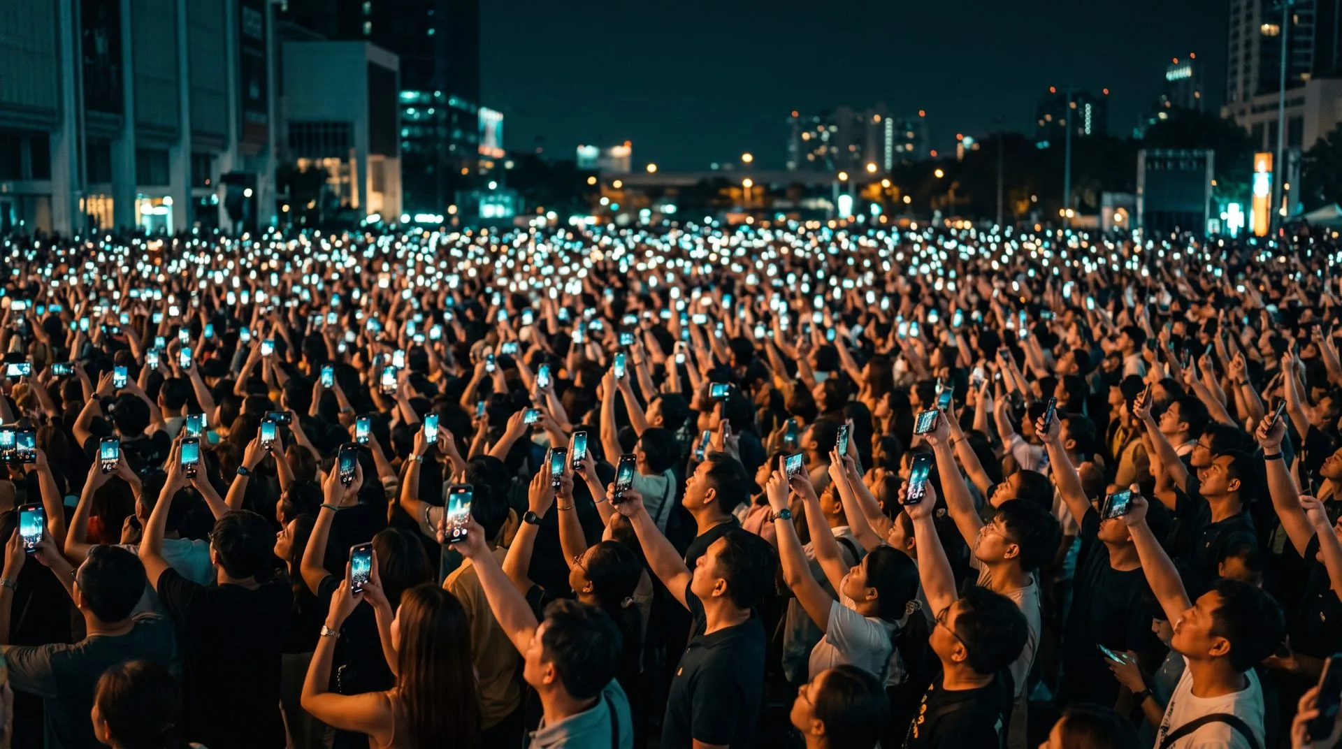 A crowd photographing a drone display