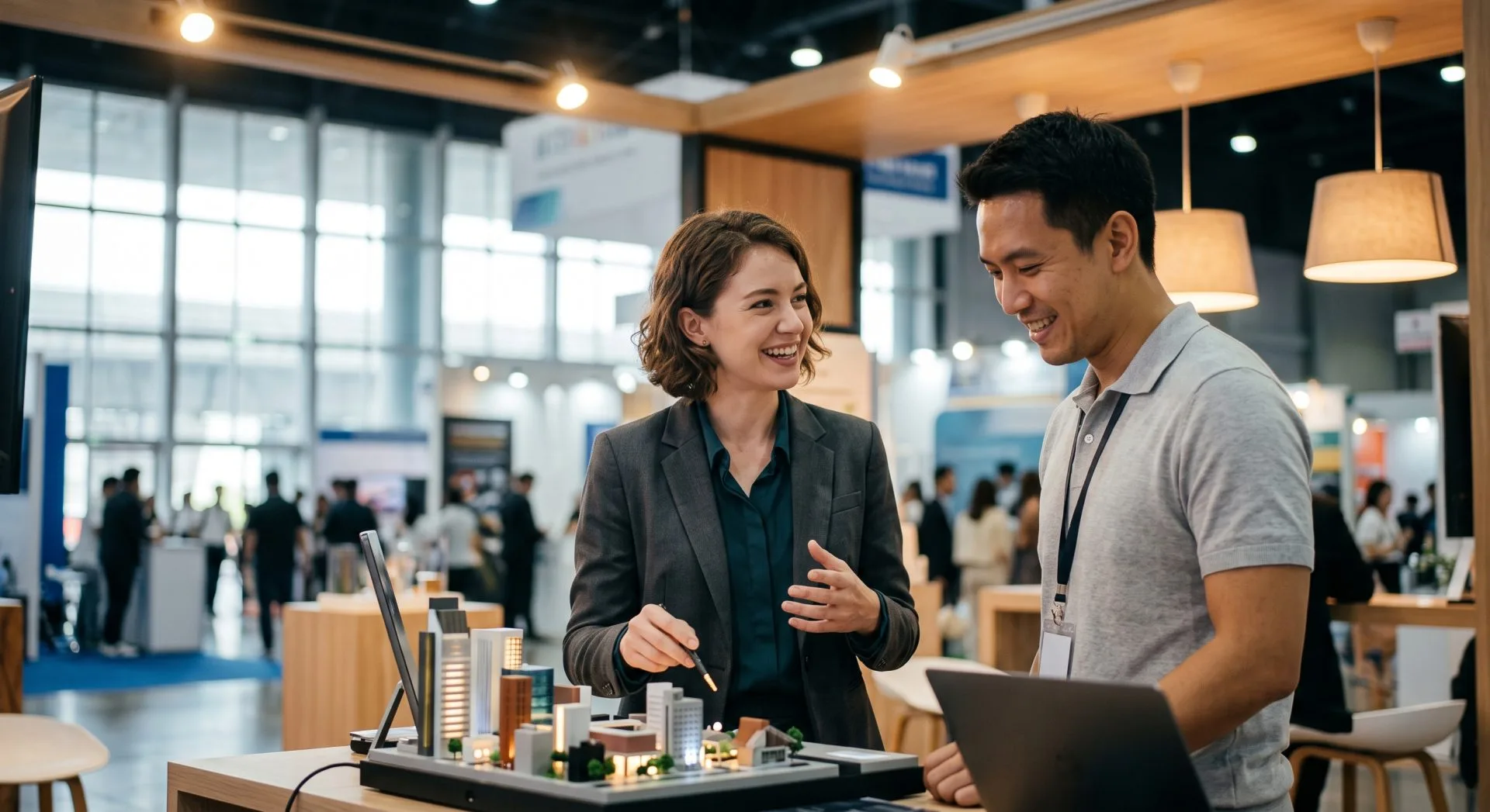 A sponsor in conversation with an exhibition visitor