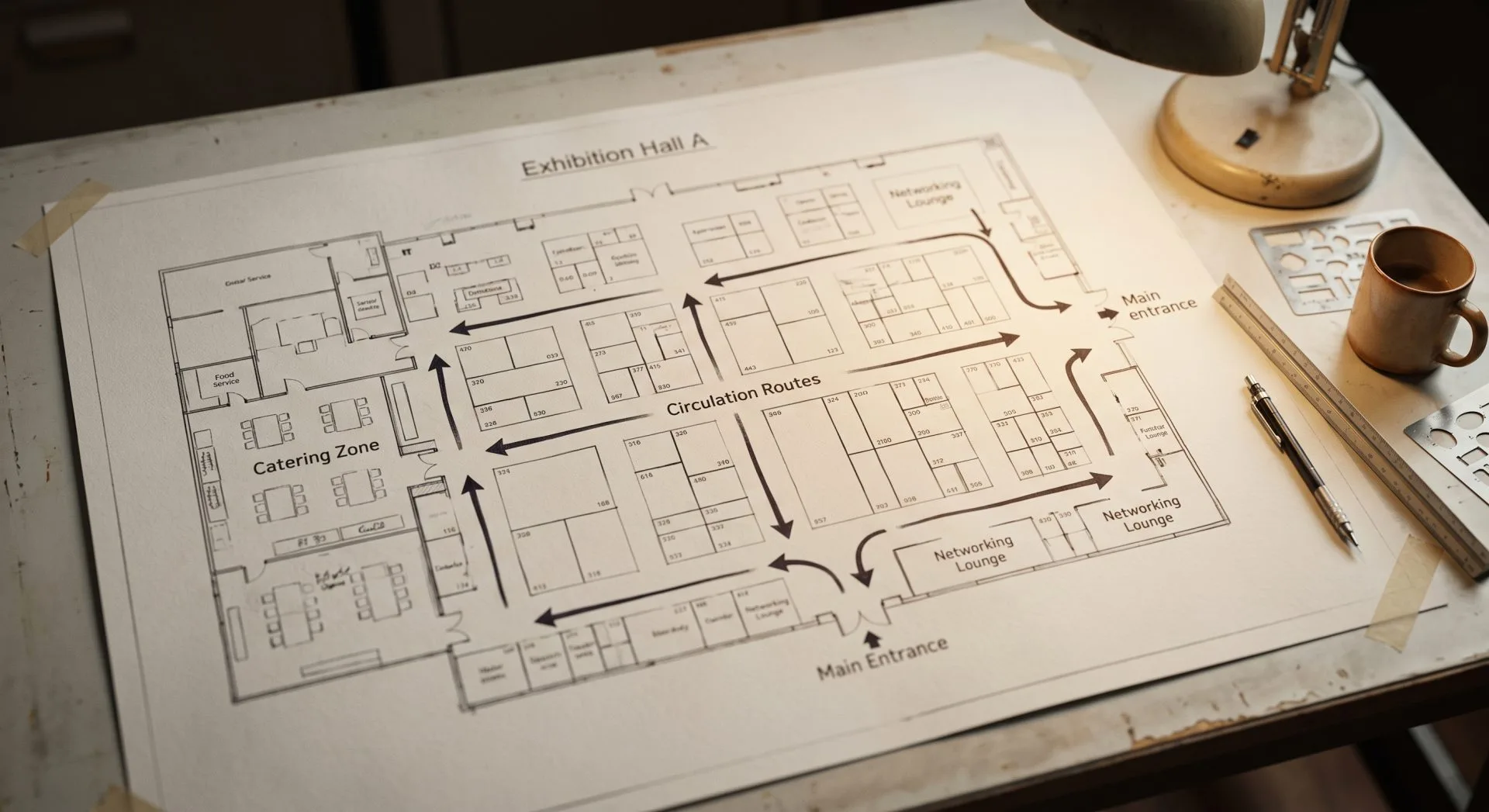 Conference organizer stand placement along circulation routes