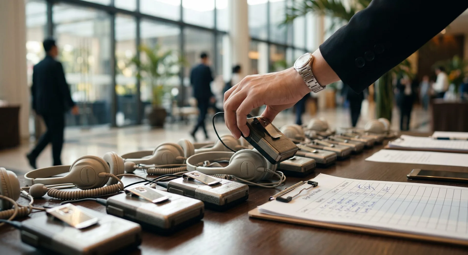Receivers and headsets a conference organizer distributes to delegates
